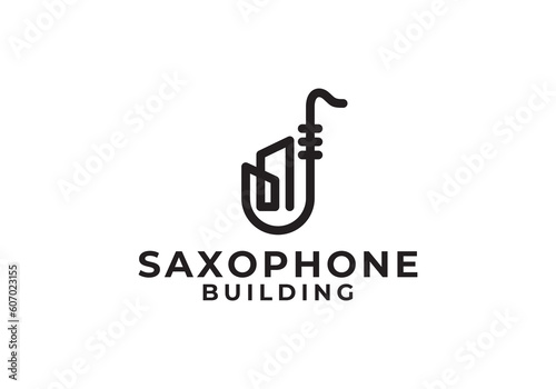 trumpet with building instrument music jazz logo design inspiration