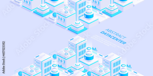 Hosting server isometric vector illustration. Abstract 3d datacenter or blockchain background. Network mainframe infrastructure website header layout. Computer storage or farming workstation.