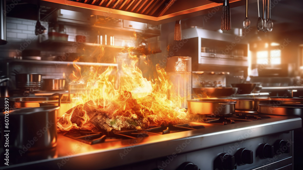 Kitchen with a lot of fire in the middle of it and a stovetop on fire in the middle of the kitchen, with a lot of flames on the countertop of the stove, Generative AI