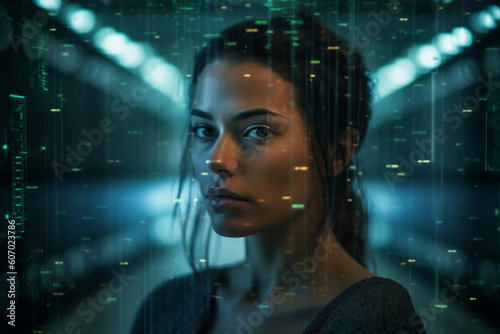 Portrait of woman with connection with abstract programming code background (Generative AI)