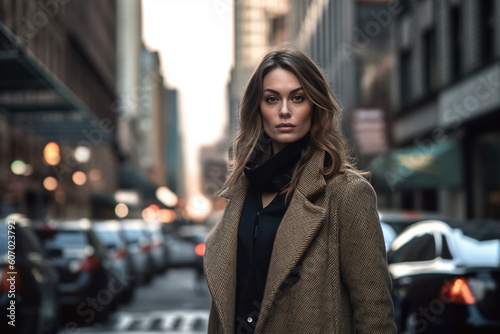 Woman on the street of New York City wearing coat (Generative AI) 