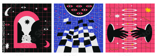 Abstract psychedelic and mystical posters. Trendy colors. Vector illustration. Isolated white background	