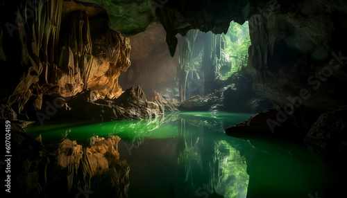 Embark on an enchanting journey through the Morakot Cave, also known as the Emerald Cave, in Thailand, as captured by the talented Laureen Anderson. 🌿🏞️✨ photo