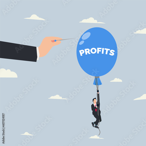 Big hand pushes the needle to pop the blue balloon with the word PROFITS. Business competition vector illustration
