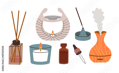 Set of home incense, aroma diffuser. Aromatherapy.