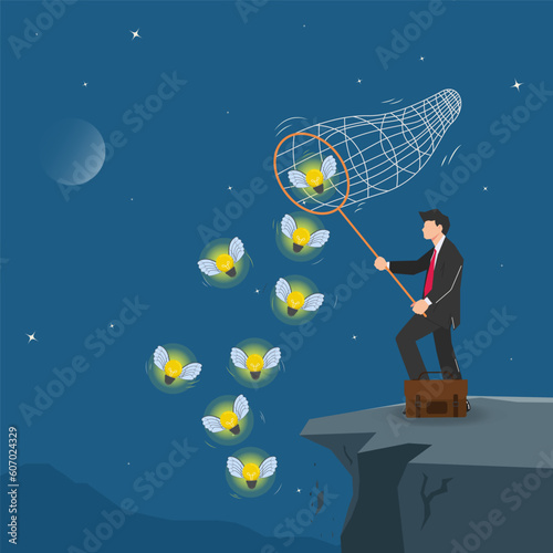 Vector businessman picking up the flying light bulb from the cliff vector illustration