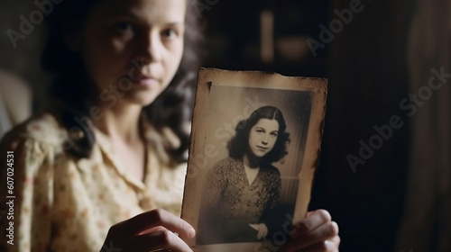 Family tree concept, dna, genes, ancestors history. A woman holds in her hands an old vintage retro photo of her grandmother, relatives.