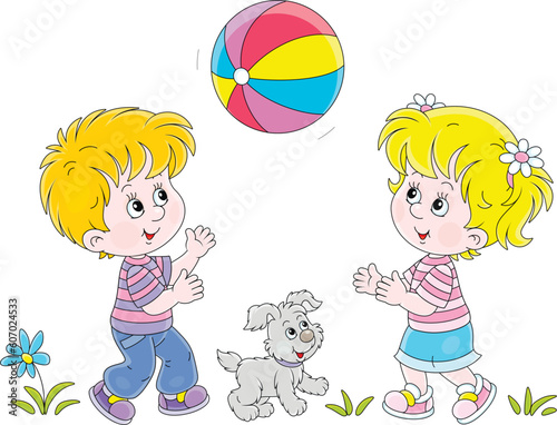 Happy little girl and boy with their merry pup playing a big striped ball on a warm summer day in a park, vector cartoon illustration isolated on white