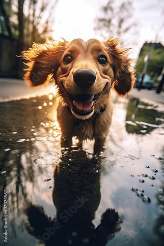 a happy dog with big ears running through a puddle of rain © Franziska