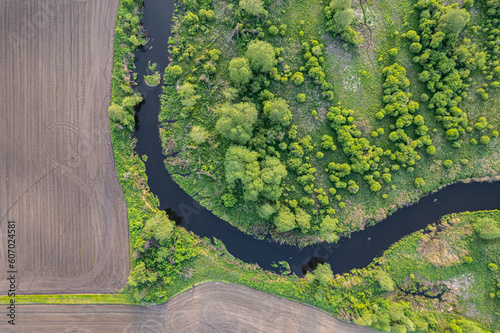Fototapeta Naklejka Na Ścianę i Meble -  Aerial view, taken from a drone, of the Lesnaya River, Belarus, Europe