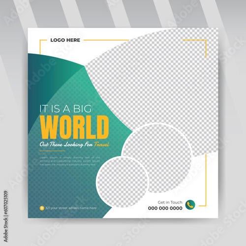 travel sale social media post template for travel holiday tourism marketing, yellow and green color background square banner