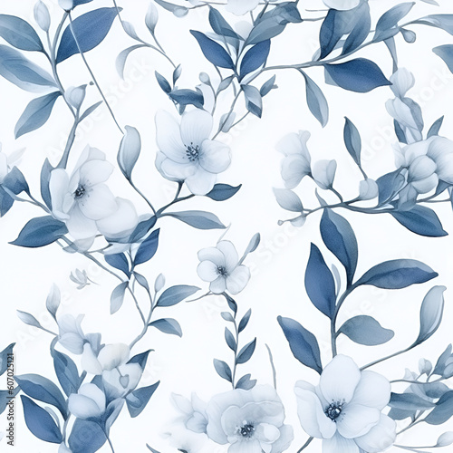 Seamless pattern with blue flowers. Watercolor flowers, leaves. Elegant endless botanical AI Illustration, wallpaper, background. Repeat fashion print for fabric, clothes. © Oksana Smyshliaeva