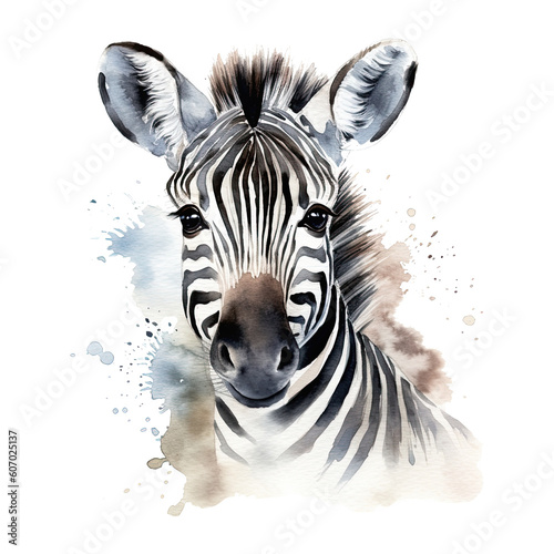 Watercolor little zebra isolated on transparent background. Generative AI