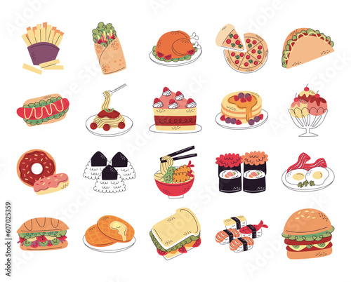 Fast food vector illustration set. Pizza, taco, hamburger, fries potatoes, ramen noodle soup, hot dog, noodles, onigiri, sushi, cake, kebab, ice cream, chicken, breakfast, sandwich. icons