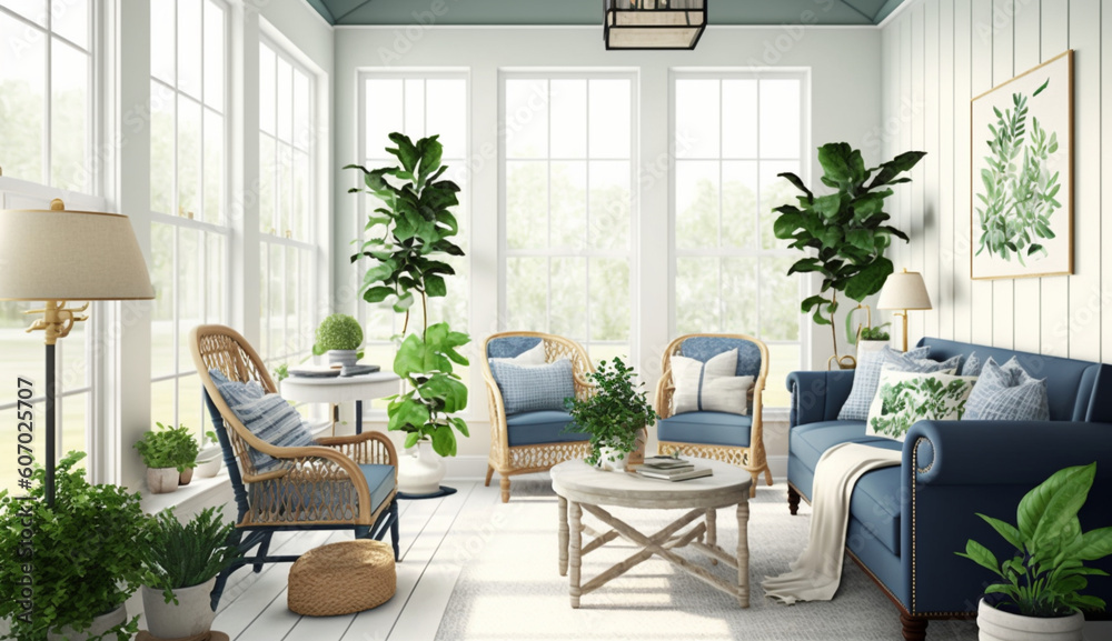 Bright and airy sunroom with wicker furniture and indoor plant. AI Generated Bright and airy sunroom with wicker furniture and indoor plant. AI Generated