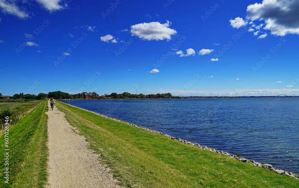 Image of a road with the Baltic Sea on the left and people riding bicycles in Fehmarn, Germany