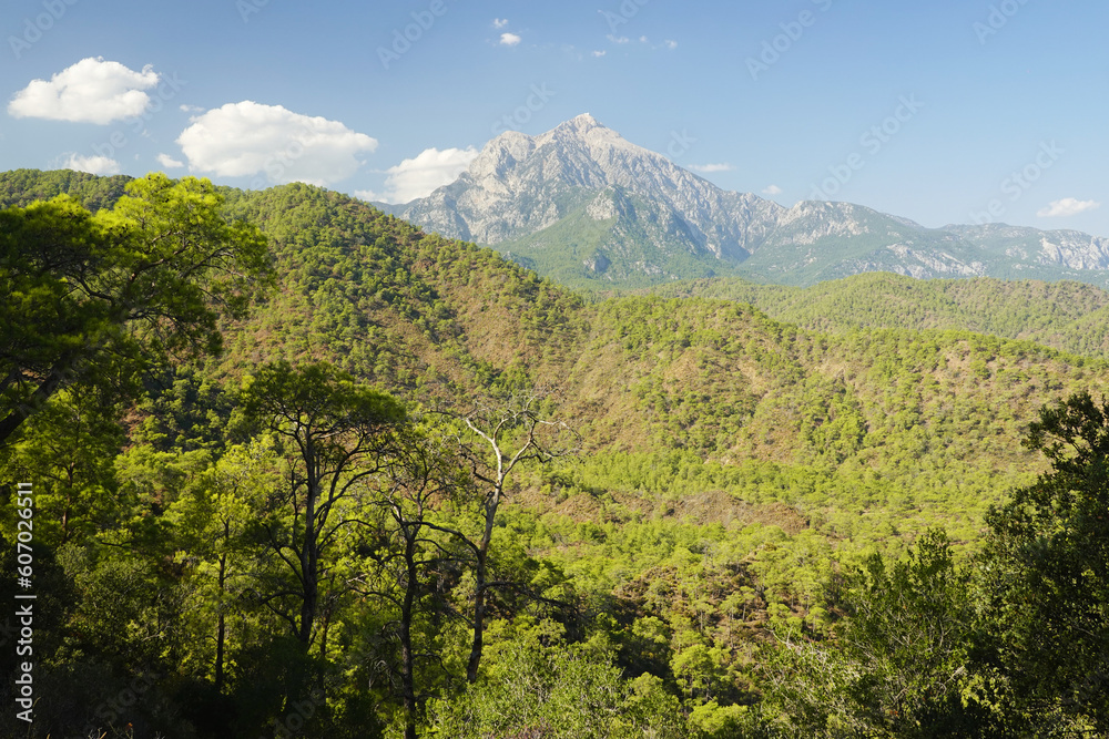 The panorama of Tahtali mountain from the Lycian Way, Antalya provence, Turkey
