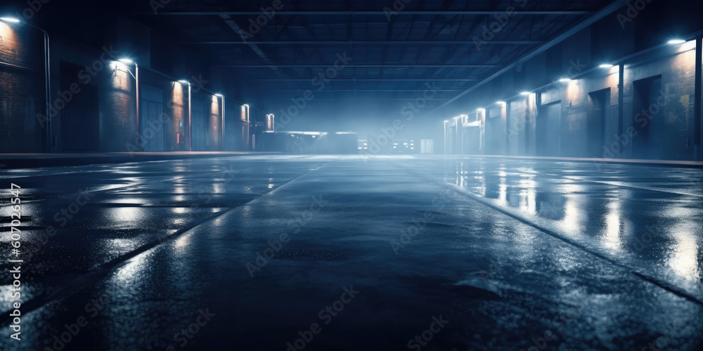 Midnight basement parking area or underpass alley. Wet, hazy asphalt with lights on sidewalls. crime, midnight activity concept. generative AI.
