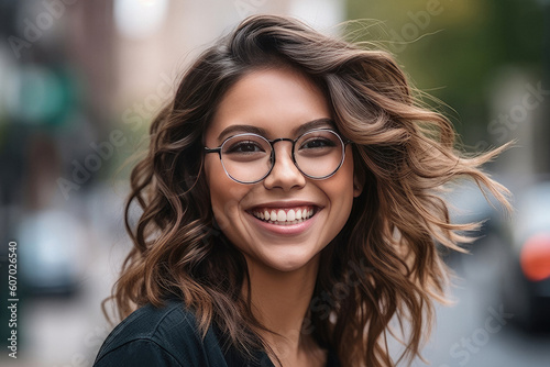 Happy satisfied woman wearing glasses portrait outside created with Generative AI technology