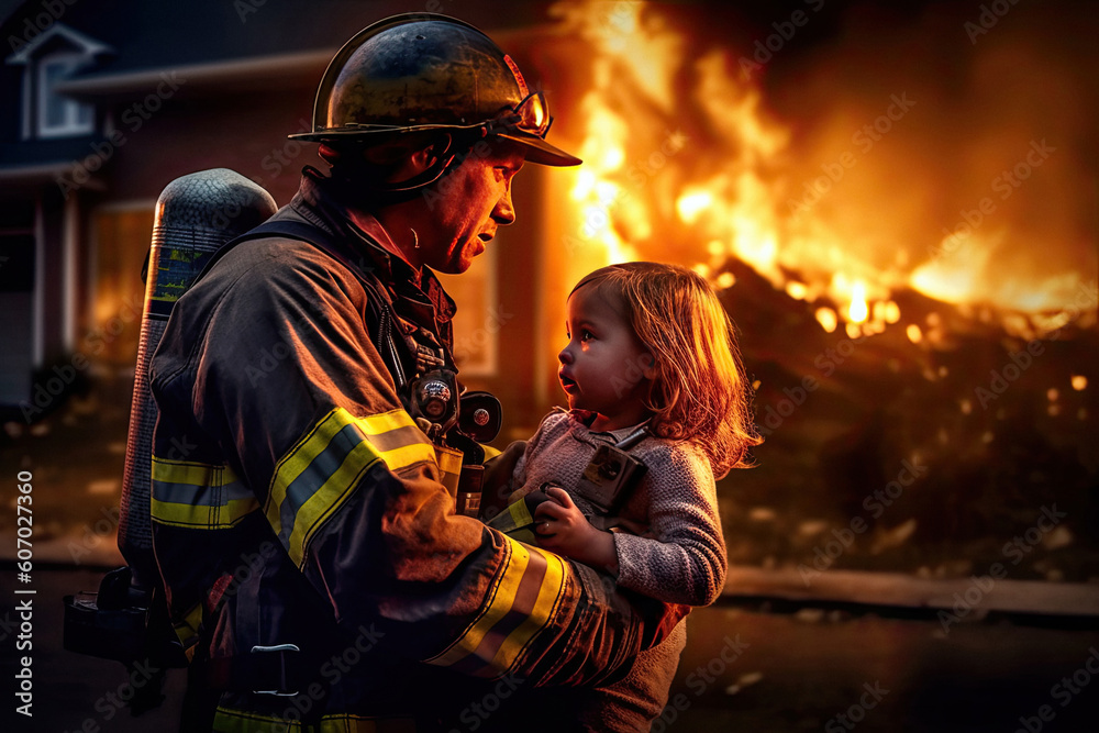 Firefighter rescues child from burning house during fire created with Generative AI technology