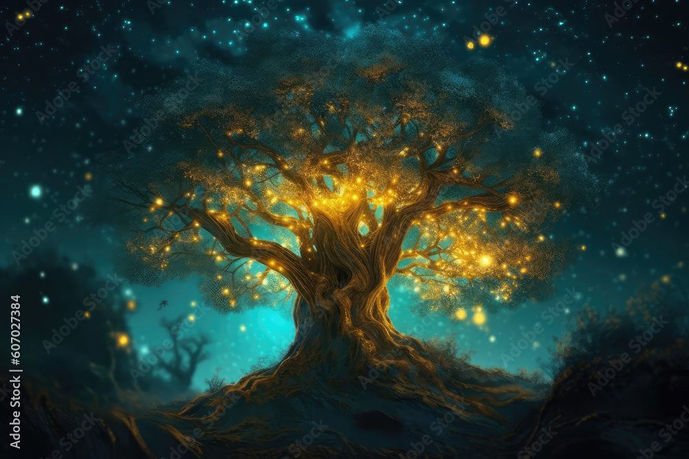 art print of a blue tree with stars inside, in the style of golden light, generative AI