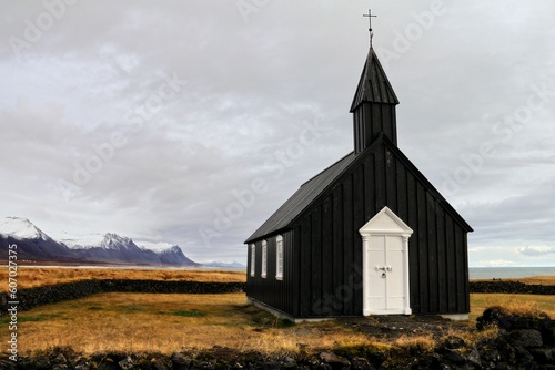Aerial view of black Budakirkja church in Iceland