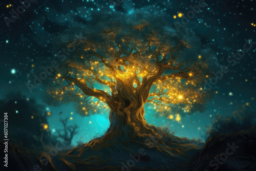 art print of a blue tree with stars inside  in the style of golden light  generative AI