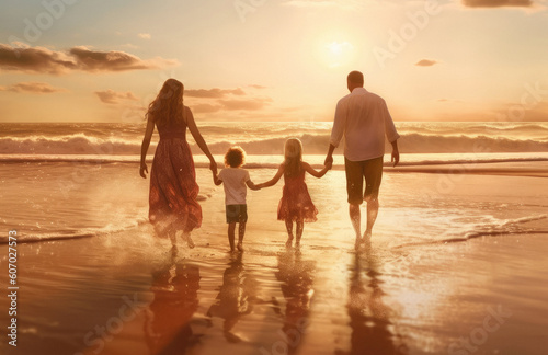 Happy family together on a seashore at sunset made with Generative AI technology