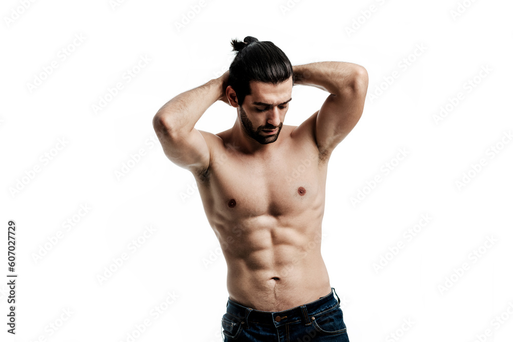 A Man Strong and handsome showing six pack on isolated on white background. Body of torso muscular male.