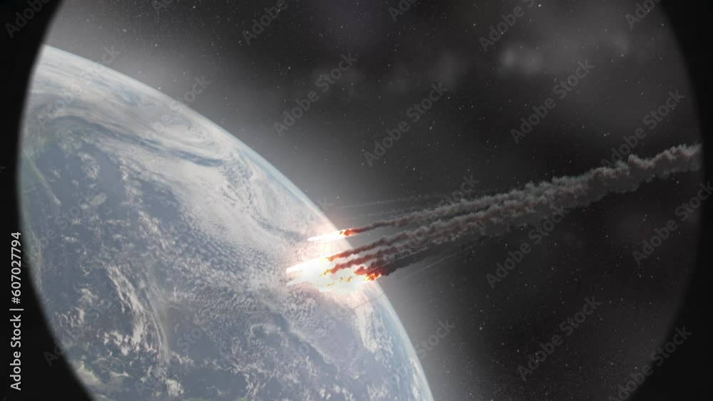 Meteors burning over earth, space shuttle window view
Cinematic view of Meteors asteroids burning over earth seeing from shuttle window
