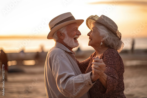 Happy dancing romantic loving old couple at sunset created with Generative AI technology