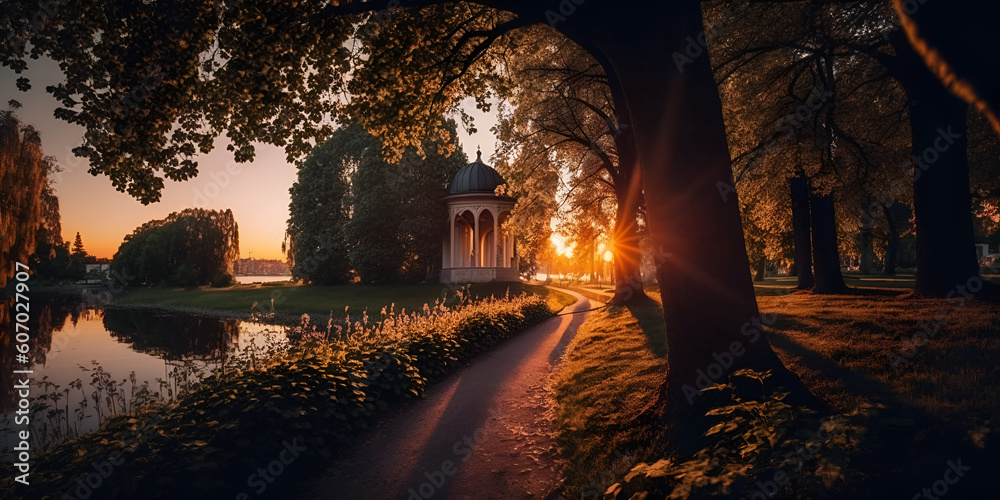Hot summer in the City. Summer in park. Beautiful park. Summer evening, sunset. Romantic atmosphere, in park, cute place for  summer date. Beautiful thees in  golden hours light. AI generative