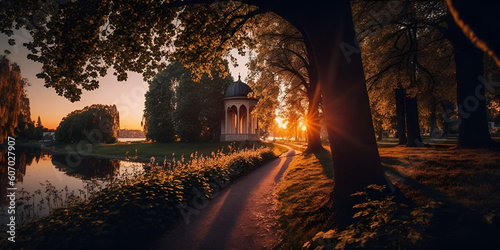 Hot summer in the City. Summer in park. Beautiful park. Summer evening  sunset. Romantic atmosphere  in park  cute place for  summer date. Beautiful thees in  golden hours light. AI generative