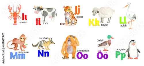 Turkish letters, the alphabet, illustrated with funny pictures of animals from I to P on a white background.