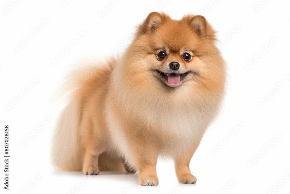 Portrait of Pomeranian dog on white background. Generative AI illustration