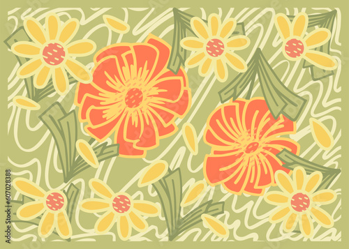 Wallpaper Mural Groovy wavy daisy horizontal banner Abstract retro line art aesthetic 70s style. Trendy 1960s color flower groove background. Psychedelic vintage design. Wallpaper liquid poster. Vector illustration Torontodigital.ca