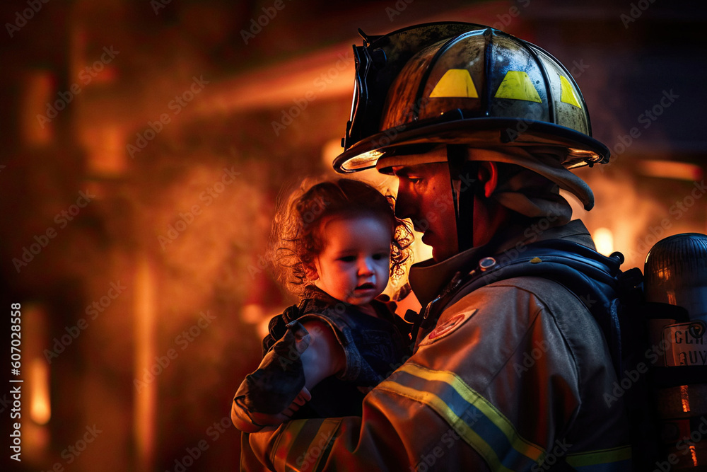 Firefighter rescues child from burning house during fire created with Generative AI technology