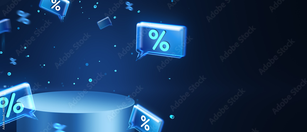 Online shopping, discount and sale concept with blue digital glowing speech bubbles with percent sign and empty cylinder pedestal for you product placement on dark background. 3D rendering, mockup - obrazy, fototapety, plakaty 