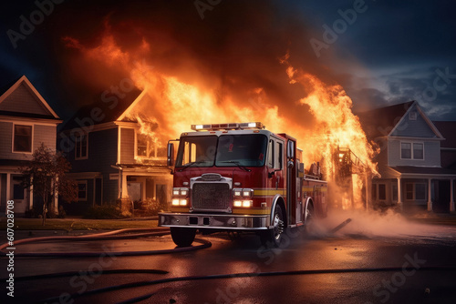 Fire truck extinguishes burning house created with Generative AI technology