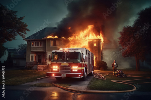 Fire truck extinguishes burning house created with Generative AI technology © Goffkein