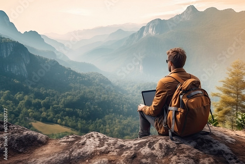 Freelancer working online while hiking in the mountains created with Generative AI technology © Goffkein
