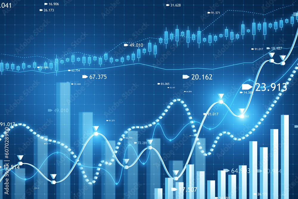 Creative candlestick forex chart or graph on blue background. Financial trade market and stock concept. 3D Rendering. Creative candlestick forex chart or graph on blue background. Financial trade market and stock concept. 3D Rendering.