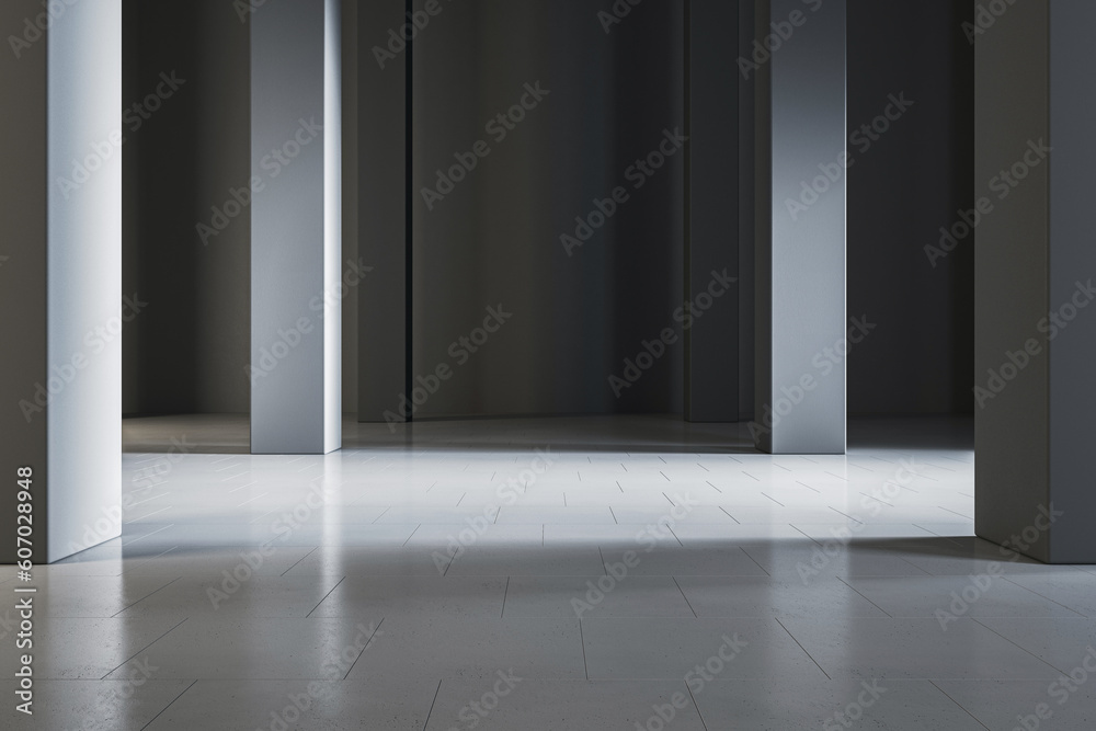 Ads campaign marketing concept with abstract lighting industrial hall with pillars on blank ceramic tiles floor with place for your product presentation on dark wall background. 3D rendering, mockup Ads campaign marketing concept with abstract lighting industrial hall with pillars on blank ceramic tiles floor with place for your product presentation on dark wall background. 3D rendering, mockup