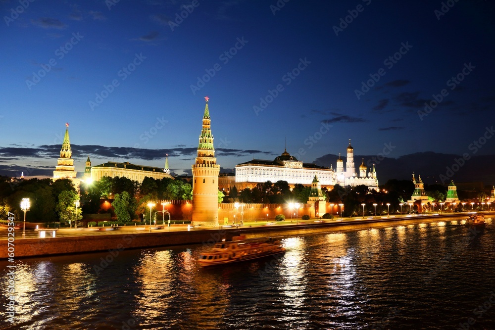 Kremlin at night time with lit lights in Moscow Russia