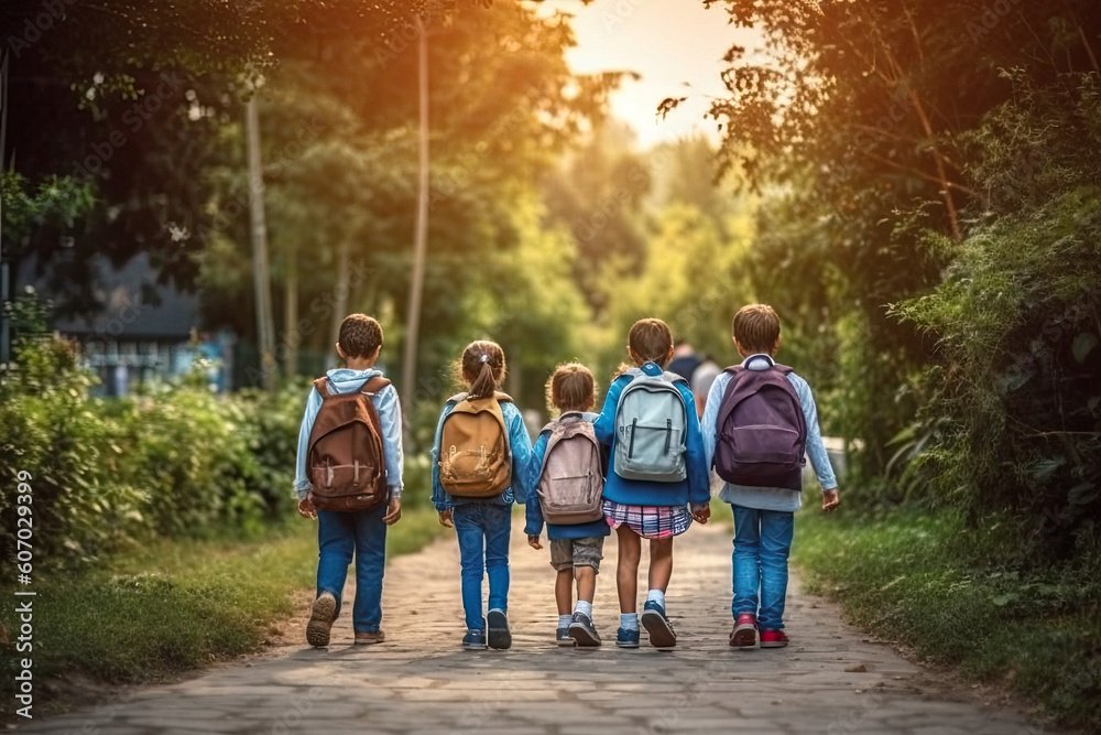 Obraz premium Little students with backpacks, back to school made with Generative AI technology