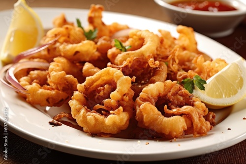 Delicious Plate of Fried Calamari on a White Background. Generative AI