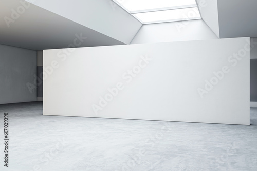 Fototapeta Naklejka Na Ścianę i Meble -  Perspective view of modern bright gallery with blank white wall background and concrete grey floor. 3D Rendering, mockup