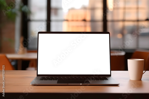 laptop with transparent screen on table with blurred background, laptop mockup png for any image on screen, generative ai