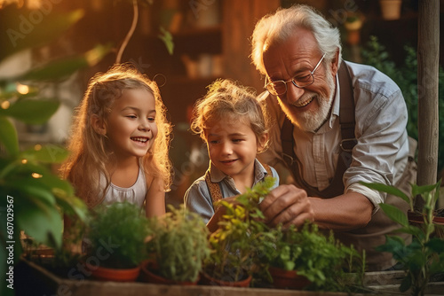 Grandfather with grandchildren in home garden created with Generative AI technology