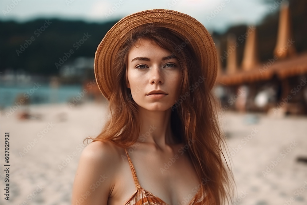 portrait of happy girl in straw hat on beach by sea in summer on vacation. Generative AI